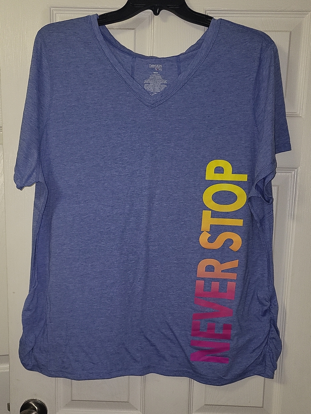 Danskin Now Blue V-Neck Tee with Yellow-to-Pink Gradient Side Print